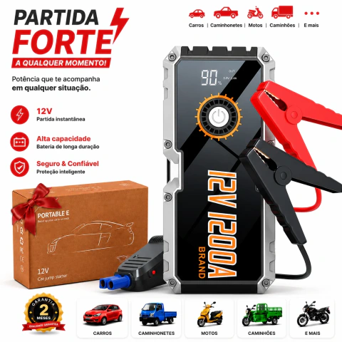 Auxiliar de Partida Portátil Veicular 12V - Jump Starter com Lanterna LED Carregador USB