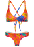 Top de bikini cruzado en colores vibrantes con estampado de hojas tropicales.