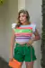 Cropped Feminino Moda Tricot Listrado Manguinha Babados