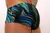 Men's swim trunks featuring a colorful wave pattern in blue, yellow, and black.