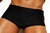 Black traditional swim trunks for men, shown from the waist down.