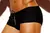 Black traditional workout trunks displayed on a model's waist, featuring a drawstring detail.