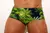 Men's swim trunks with a tropical palm leaf design on a navy background.