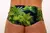 Men's low rise swim trunks featuring a tropical palm leaf design