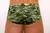 Back view of men's camouflage classic swim trunks featuring a green and brown pattern.