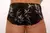 Men's swim trunks featuring a bamboo leaf pattern on a black background.