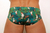 Back view of low rise swimwear with a colorful cockatoo and tropical foliage pattern.