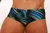 Men's low rise cut swimwear featuring a colorful wave pattern in blue, yellow, and black.