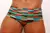 Men's swim trunks featuring a colorful striped pattern in green, red, and blue.