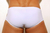 A rear view of white low rise cut swimwear on a model.