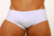 White low rise cut swimwear displayed on a model's lower body.