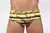 Low rise cut swimwear featuring a yellow and brown striped design with palm leaf patterns.