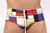 Colorful low rise men's swim trunks featuring a geometric pattern