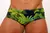 Men's low rise swim trunks featuring a tropical green palm leaf pattern on a dark background.