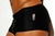 Side view of Stalion Traditional Swim Trunks for men in black, featuring a textured fabric and a label on the side.