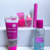 Kit de maquiagem rosa com esfoliante, esponja, gloss labial ,água micelar e mascara de cílios.