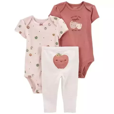Set 3 piezas bodies manga cortas y pantalon manzanas rayado