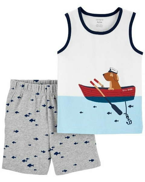 Set 2 piezas remera musculosa y short Perrito barco