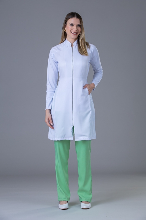 Jaleco feminino gola padre zíper manga longa Super Action -Branco