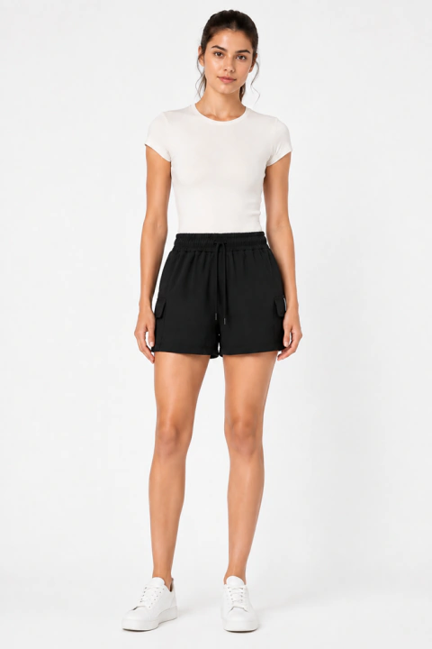 Short Feminino Cargo Duna Casual Cintura Alta Bolsos Laterais