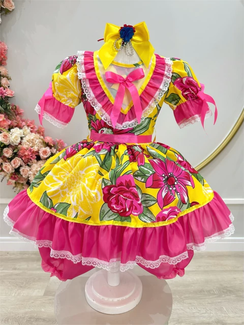 Vestido infantil Junino Caipira Estampado Amarelo - comprar online