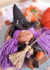 Boneca Bruxinha dos Cristais com cabelo roxo, chapéu preto e vassoura, decorada com acessórios mágicos.
