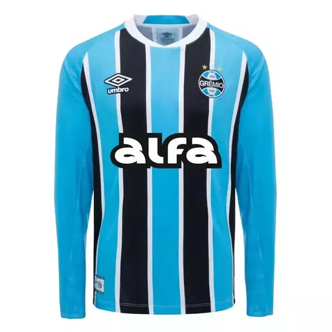 Camisa oficial do Grêmio 2025/2026 de manga longa, azul e preta com listras verticais, logo Umbro e patrocinador Alfa