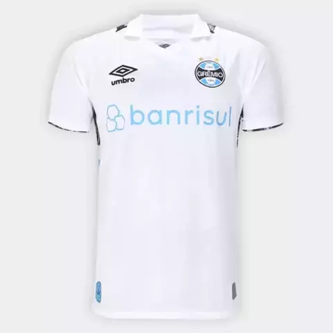 Camisa branca do Grêmio, modelo 2 Away 24/25, com detalhes em azul e logotipo da Umbro.