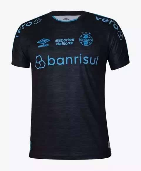 Camisa preta e azul do Grêmio, modelo Third 23/24, com logotipo da Umbro e patrocinadores em azul.