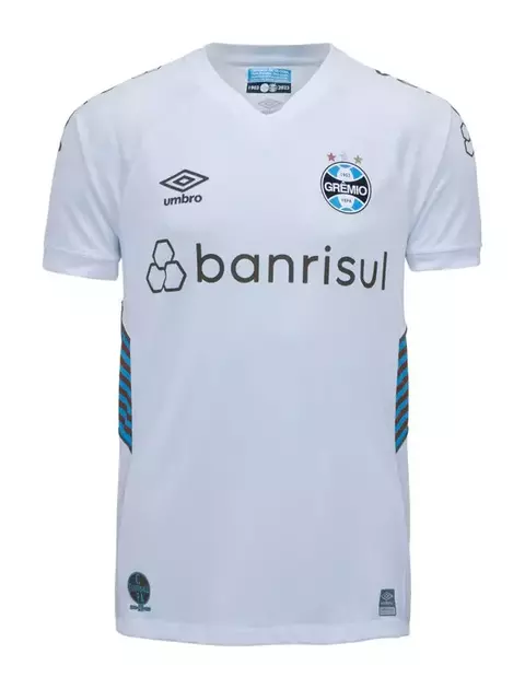 Camisa branca do Grêmio, modelo Away 23/24, com detalhes em azul e logo do time.
