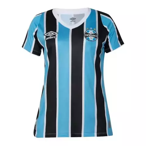 Camisa feminina do Grêmio 24/25 com listras azuis e pretas, logo da Umbro e escudo do clube.