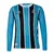 Camisa longa do Grêmio, nas cores azul e preta, com listras verticais e logo da Umbro.