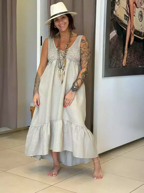 Vestido de lino Italiano sin manga con tejido en el pecho - comprar online