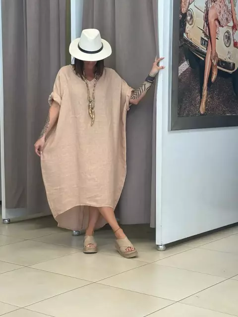 Vestido Italiano de lino liso, escote en V