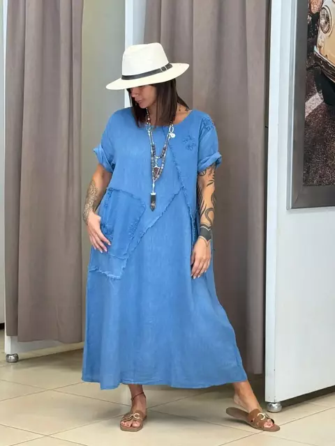 Vestido de lino Italiano con aplique mangas cortas