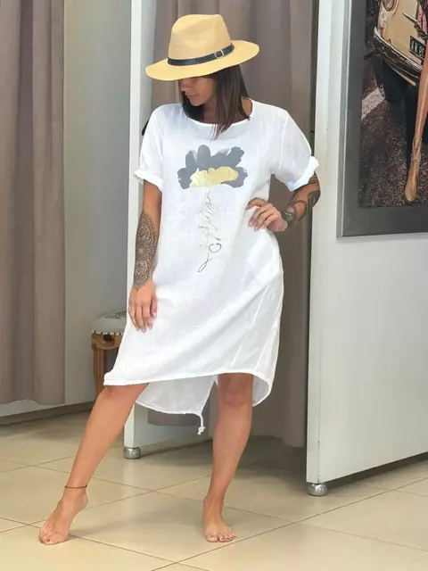 Vestido de lino Italiano mangas corta flor