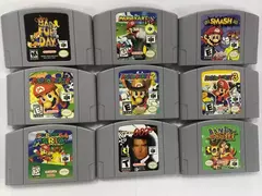Imagem do cartucho de videogame N64, Mary Rook, Mario Kart, Super Sm Super SmaSh Bros** - **Mario Kart** - **Super Mario** - **GoldenEye 007** - **Zelda Majora