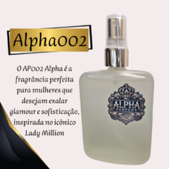 Frasco de perfume AP002 Alpha, inspirado no Lady Million, com design elegante e rótulo da marca Alpha Parfums.