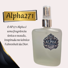 Frasco do perfume AP271 Alpha, inspirado no Fahrenheit da Dior, com design elegante e logotipo da Alpha Parfums.