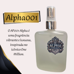 Frasco de perfume AP001 Alpha, inspirado no One Million, com rótulo da marca Alpha Parfums.