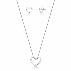 CONJUNTO DE COLAR E BRINCO DE CORAÇÃO VAZADO LISO PRATA RODINADA
