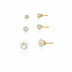 KIT TRIO DE BRINCOS CRISTAL ESTRELA BRANCA BANHADO A OURO - comprar online