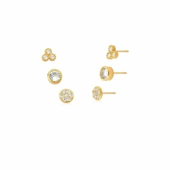 KIT TRIO DE BRINCOS DIVERSOS BRANCOS BANHADO A OURO