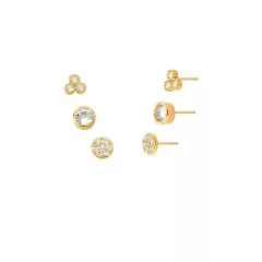 KIT TRIO DE BRINCOS DIVERSOS BRANCOS BANHADO A OURO