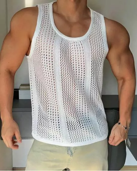 Colete transparente de malha oca de poliéster casual masculino