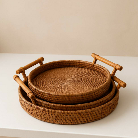 Bandeja de Rattan com alça de madeira