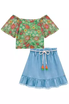 Conjunto Blusa Boxy em Tule e Saia Jeans Arkansas - 73909 - M2 Maria & Maria