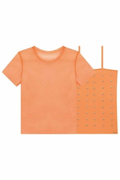 Blusa Sobreposição em Tule e Regata em Malha UV DRY Laranja Neon 76907 na internet