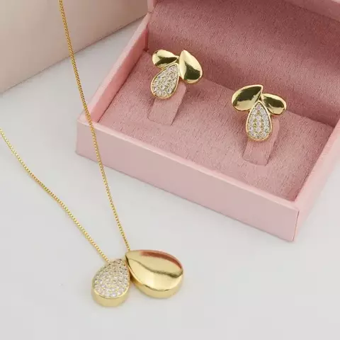 Conjunto Colar e Brincos com Gotas Lisas e Cravejadas