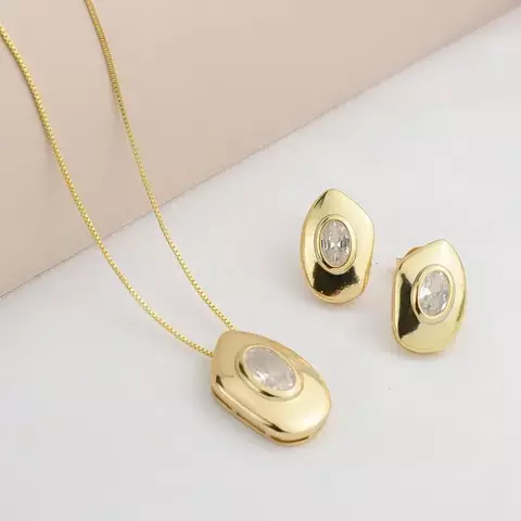 Conjunto Colar e Brincos Orgânicos com Zircônia